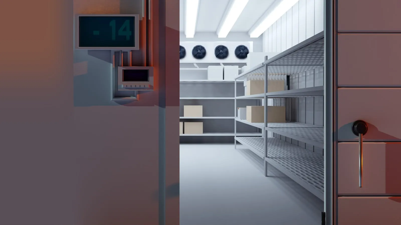 Open door of a freezer room with the display reading -14 °C