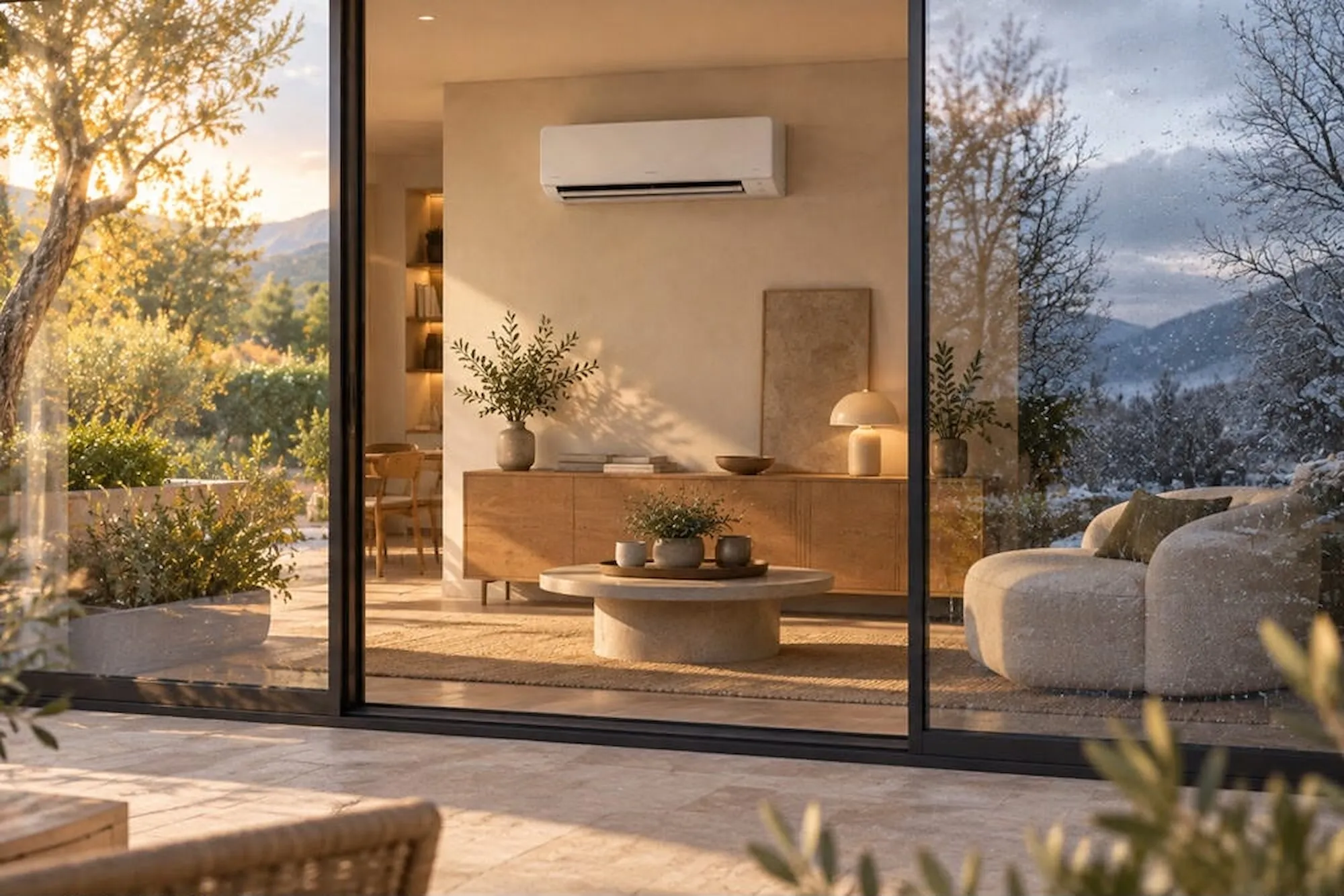 Villa living room with a split air conditioner, seen from the terrace at sunset
