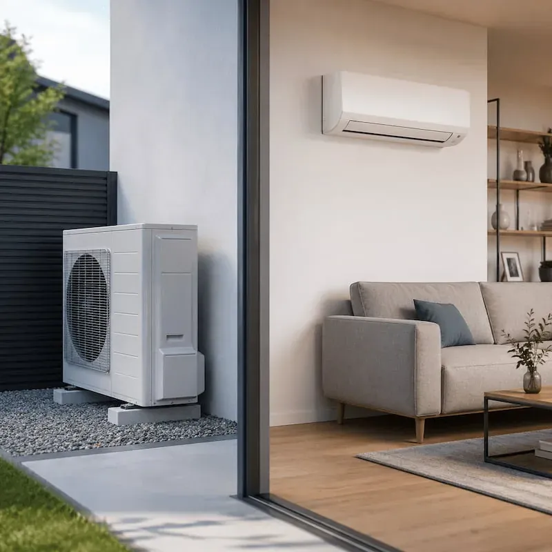 Living room with a split air conditioner and the heat pump outdoor unit on the terrace